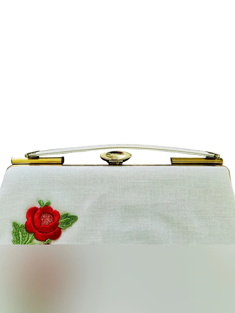 Vintage 50s White Linen Floral Rose Embroidered Clutch